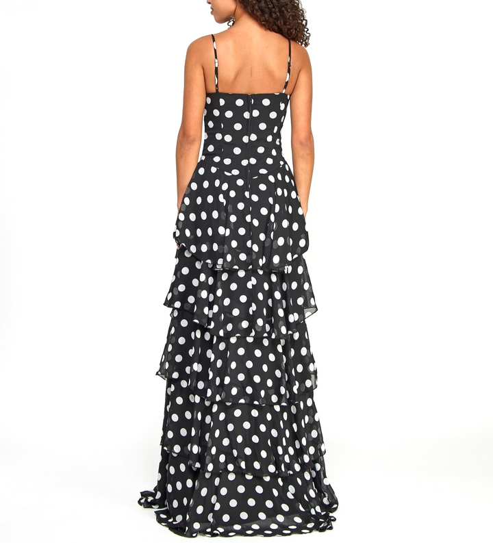 City Studios Juniors' Dot Print Ruffled High-Low Chiffon Gown MSRP $109