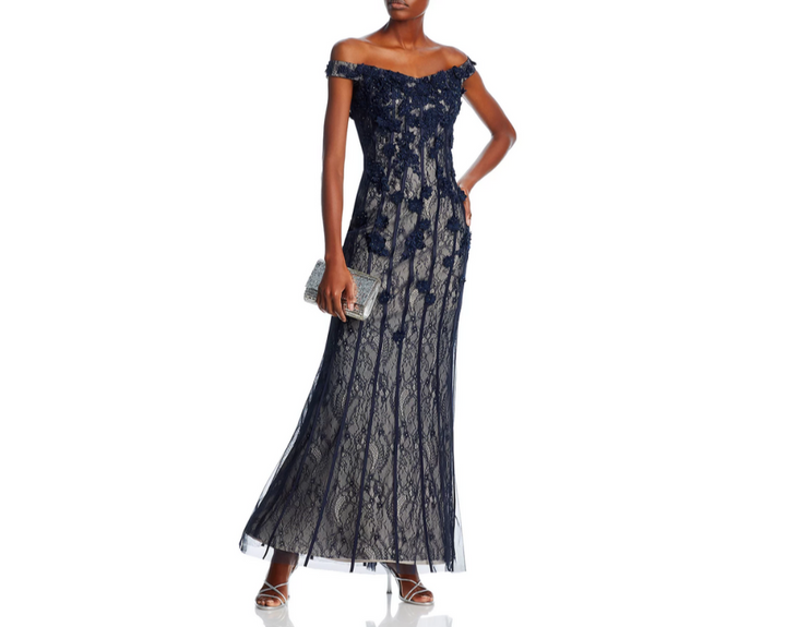AQUA Embellished Lace Off-the-Shoulder Gown MSRP $378