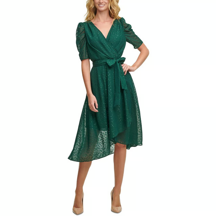 Tommy Hilfiger Womens Glitter Puff Sleeve MIDI Dress MSRP $139