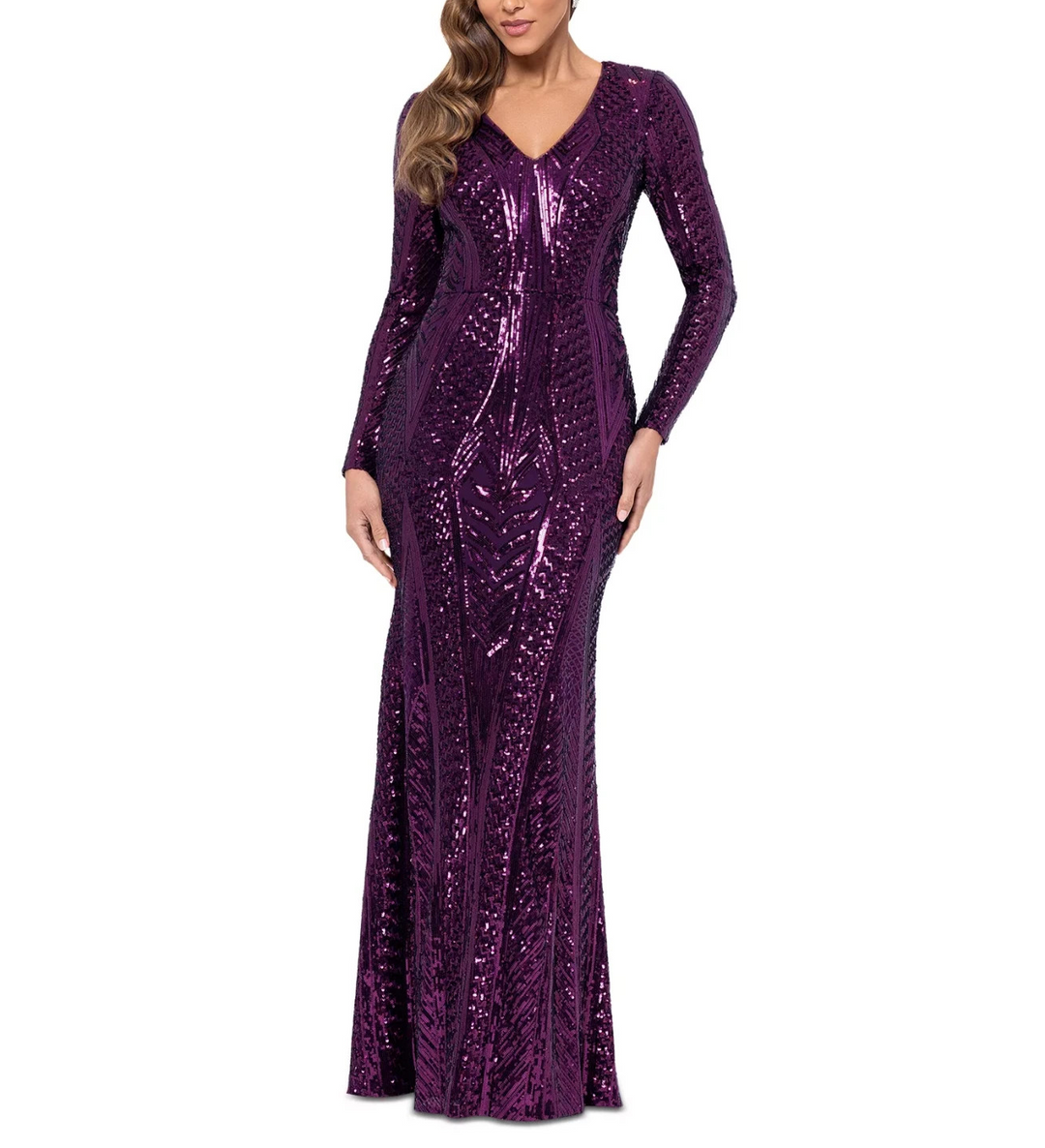 XSCAPE Long-Sleeve Sequined V-Neck Gown MSRP $289