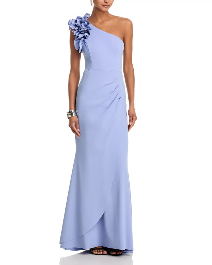 AQUA One Shoulder Ruffle Crepe Gown MSRP $298