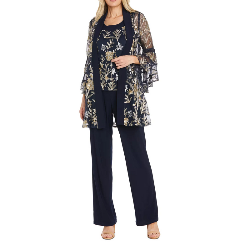 R & M Richards  2-Pc. Embroidered Illusion-Sleeve Top & Pants Set MSRP $149