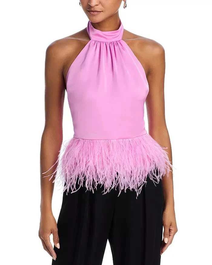 Ramy Brook Faux Feather Trim Halter Top MSRP $395