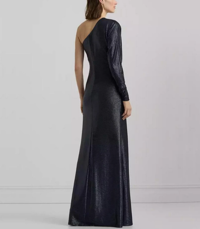LAUREN Ralph Lauren Metallic Knit One-Shoulder Gown MSRP $295