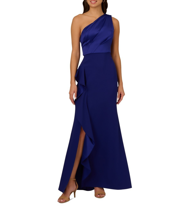 Adrianna Papell One-Shoulder Satin-Trim Draped Gown