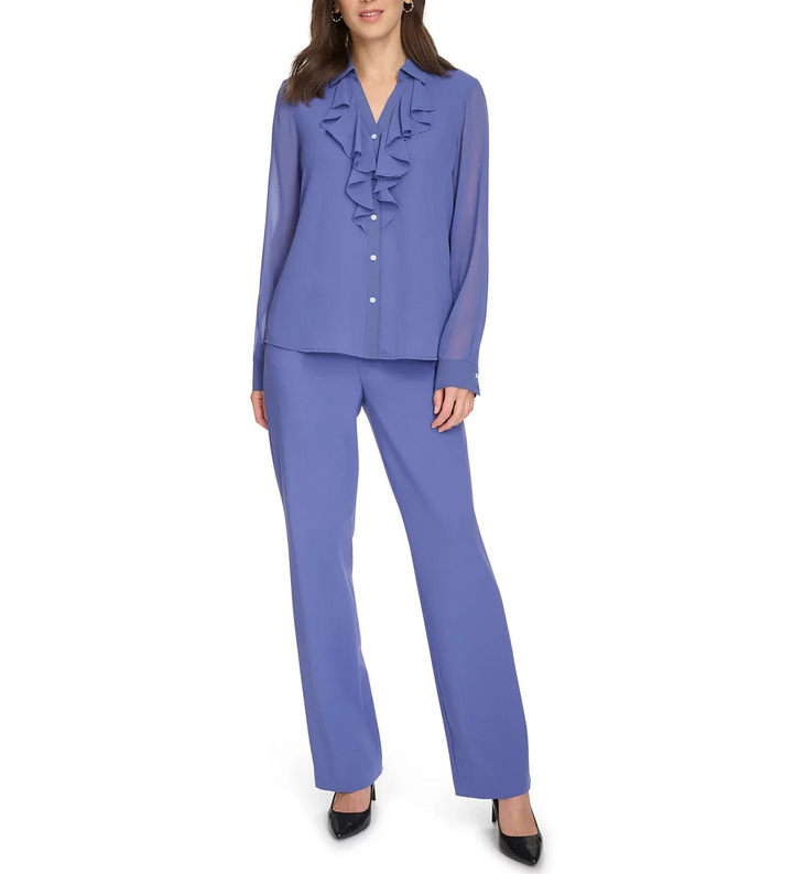 Calvin Klein Petite Ruffle-Front Long-Sleeve Blouse MSRP $74