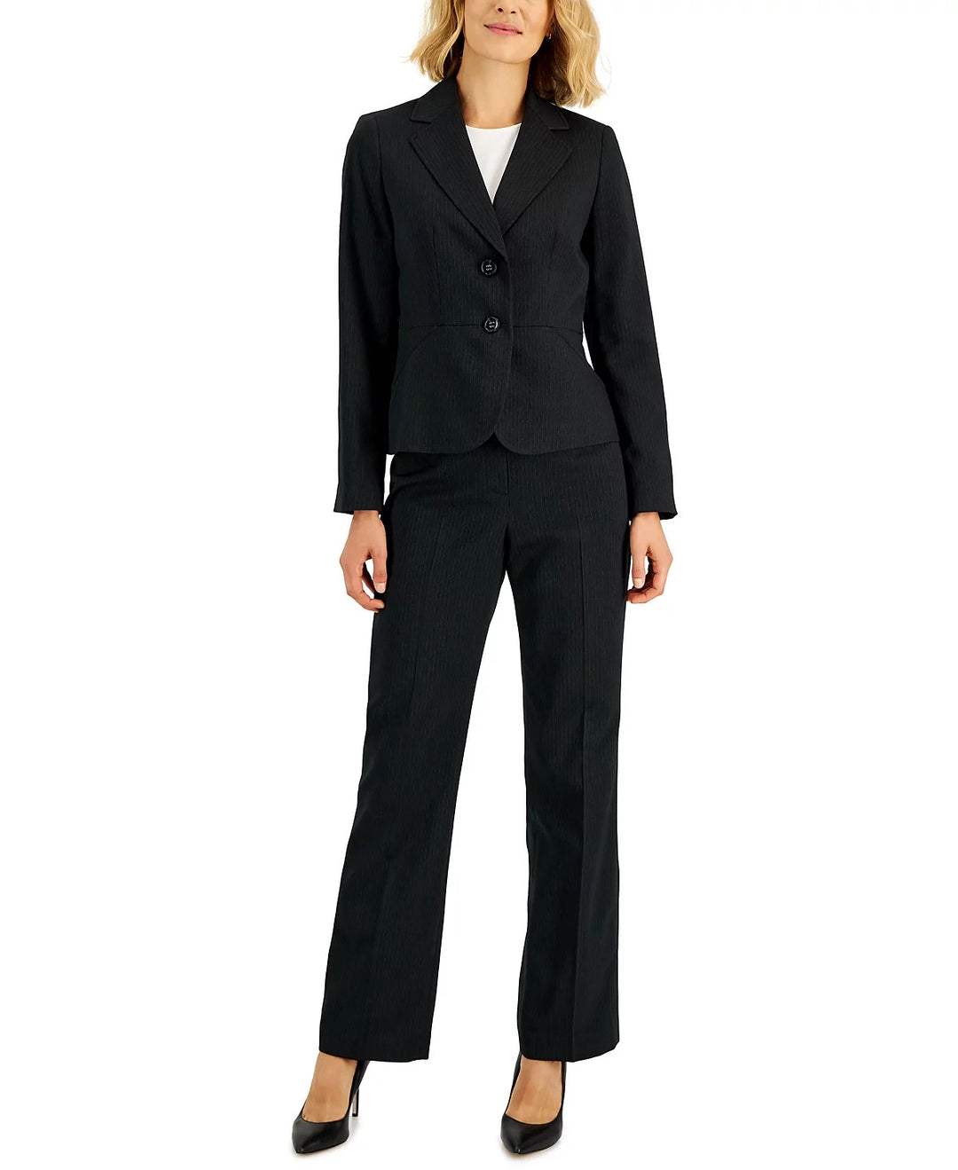 Le Suit Two-Button Pinstriped Pantsuit MSRP $225