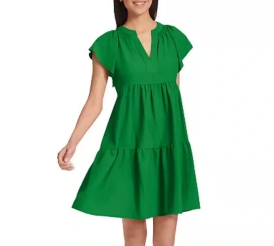 Calvin Klein Women's Split-Neck Tiered A-Line Dress  MSRP $134