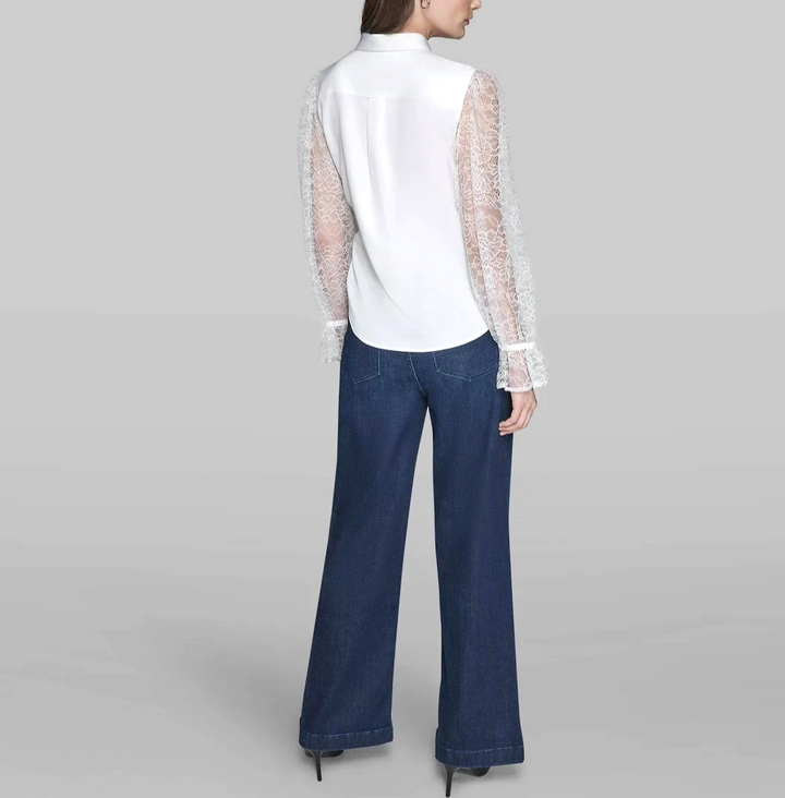 KARL LAGERFELD PARIS Lace Sleeve Button Up Blouse MSRP $109