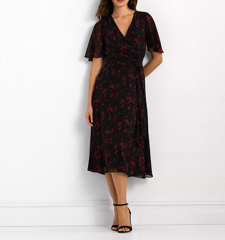 Lauren Ralph Lauren Floral Belted Crinkle Georgette Dress MSRP $ 145