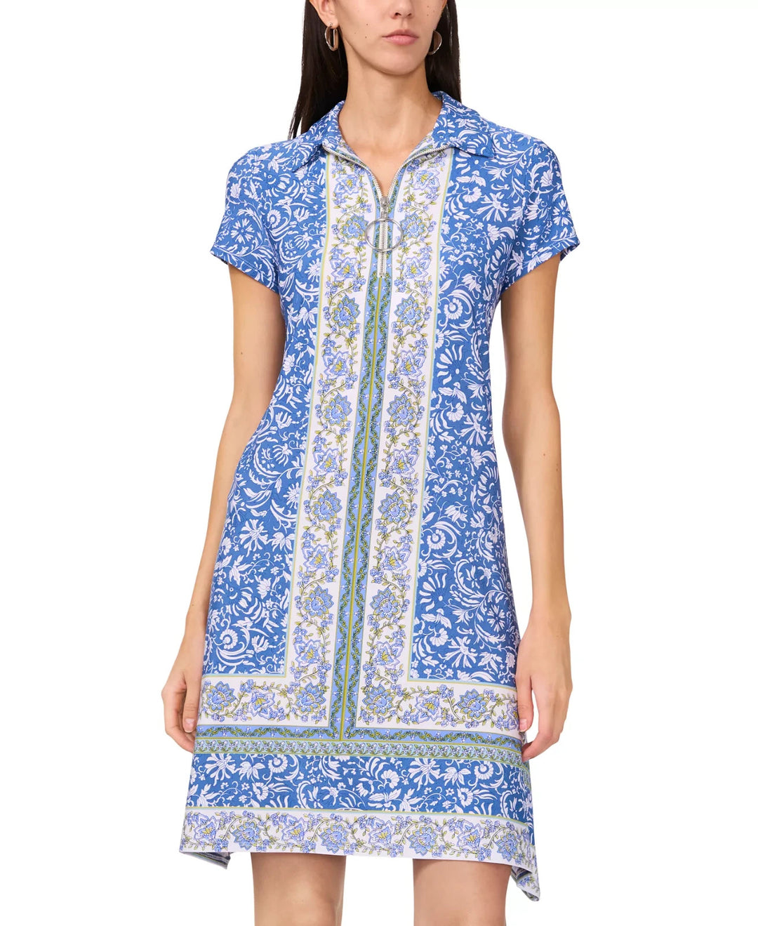 MSK Women's Border-Print Collared Zip-Front Dress MSRP $69