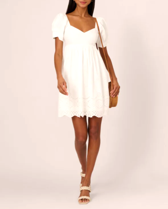 Adrianna by Adrianna Papell Cotton Eyelet Puff-Sleeve Fit & Flare Dress