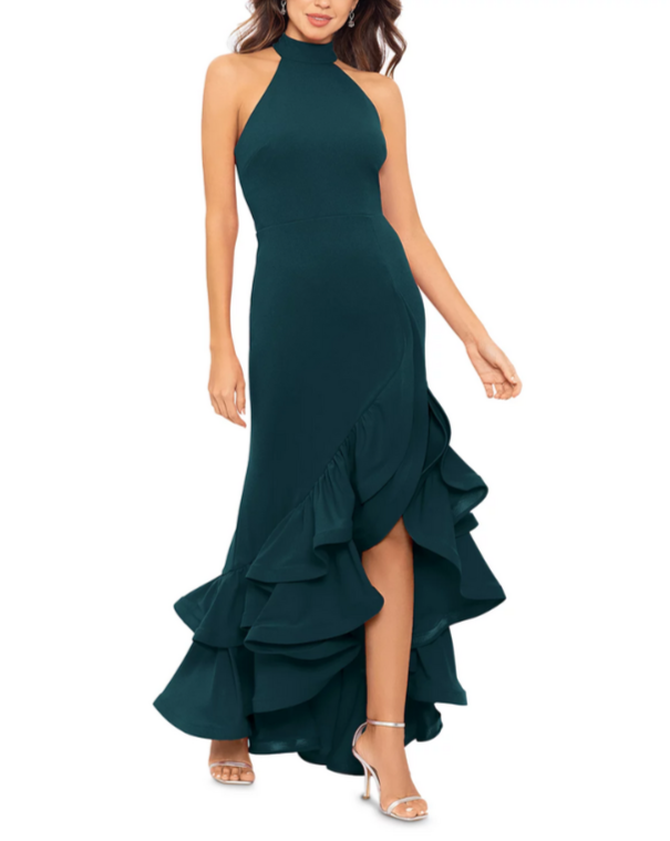 AQUA Racerback Ruffle Hem Gown MSRP $268