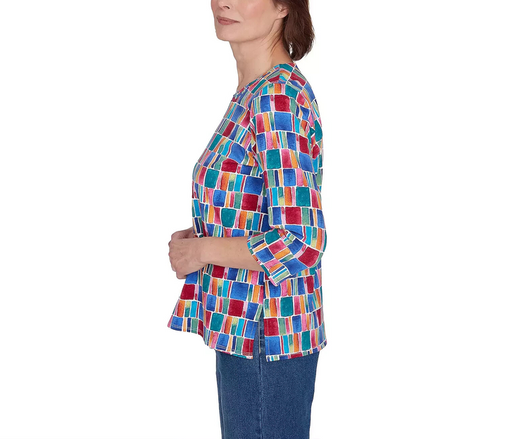 Alfred Dunner Box Print 3/4 Sleeve Top MSRP $49