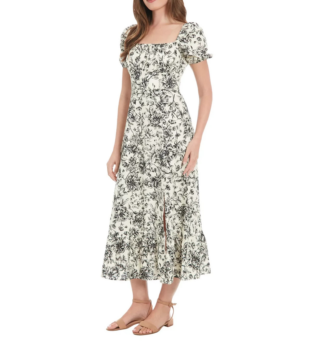 London Times Puff-Sleeve Ruched Smocked-Back Empire Midi Dress MSRP $89