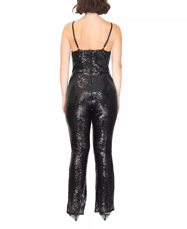 Almost Famous Crave Fame Juniors' Bustier Flare-Leg Sequin Jumpsuit