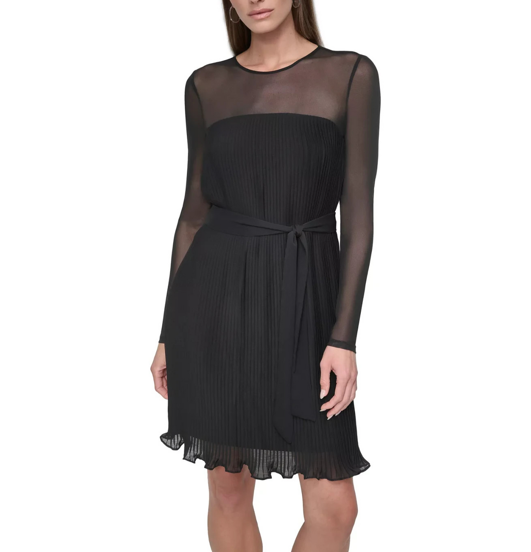 DKNY Petite Jewel-Neck Belted A-Line Pleated Mesh Dress MSRP $139