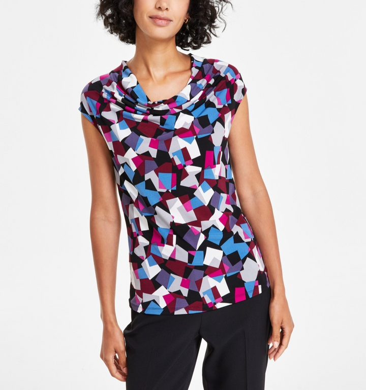 Kasper Petite Cowlneck Abstract-Print Knit Top MSRP $49
