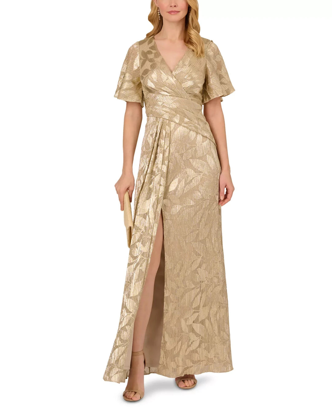 Adrianna Papell Foil Leaf Draped Gown