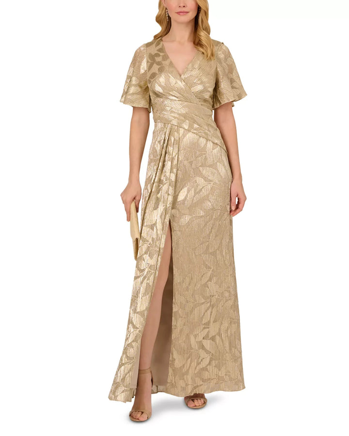 Adrianna Papell Foil Leaf Draped Gown