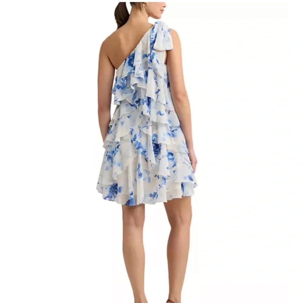 Ralph Lauren Blue Floral One-Shoulder Ruffle Dress MSRP $245