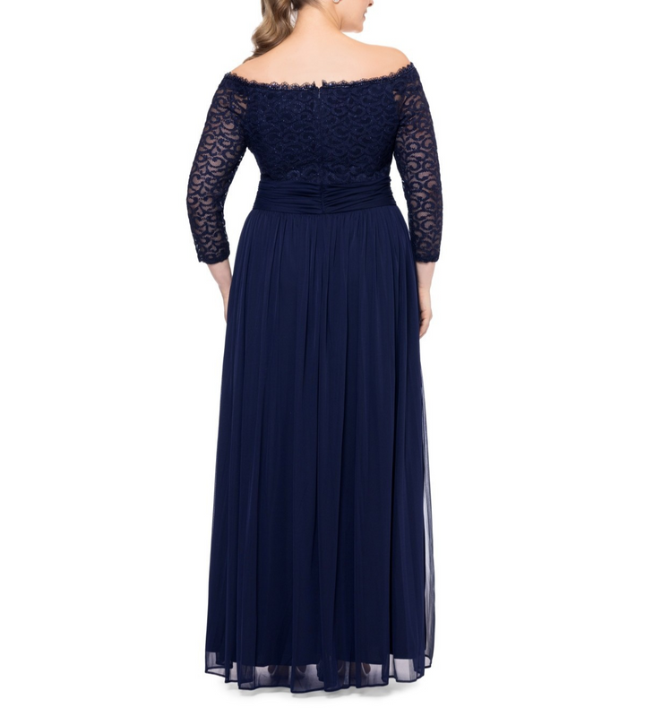 B&A by Betsy & Adam Plus Size Lace Off-the-Shoulder 3/4-Sleeve Gown MSRP $219