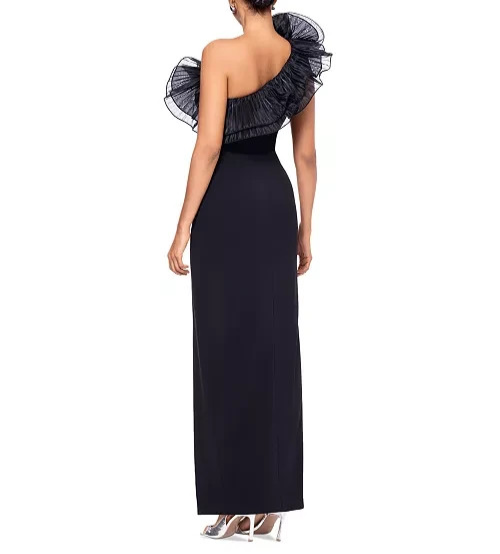 XSCAPE Layered Rosette-Trim One-Shoulder Gown MSRP $259