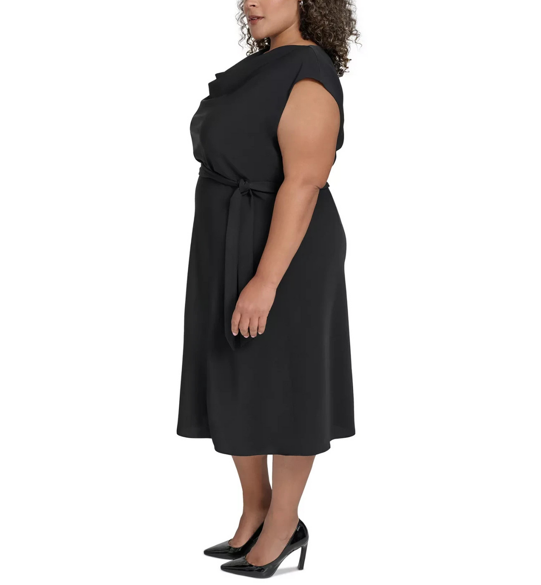 DKNY Plus Size Cowl-Neck Belted Cap-Sleeve Midi Crepe MSRP $139