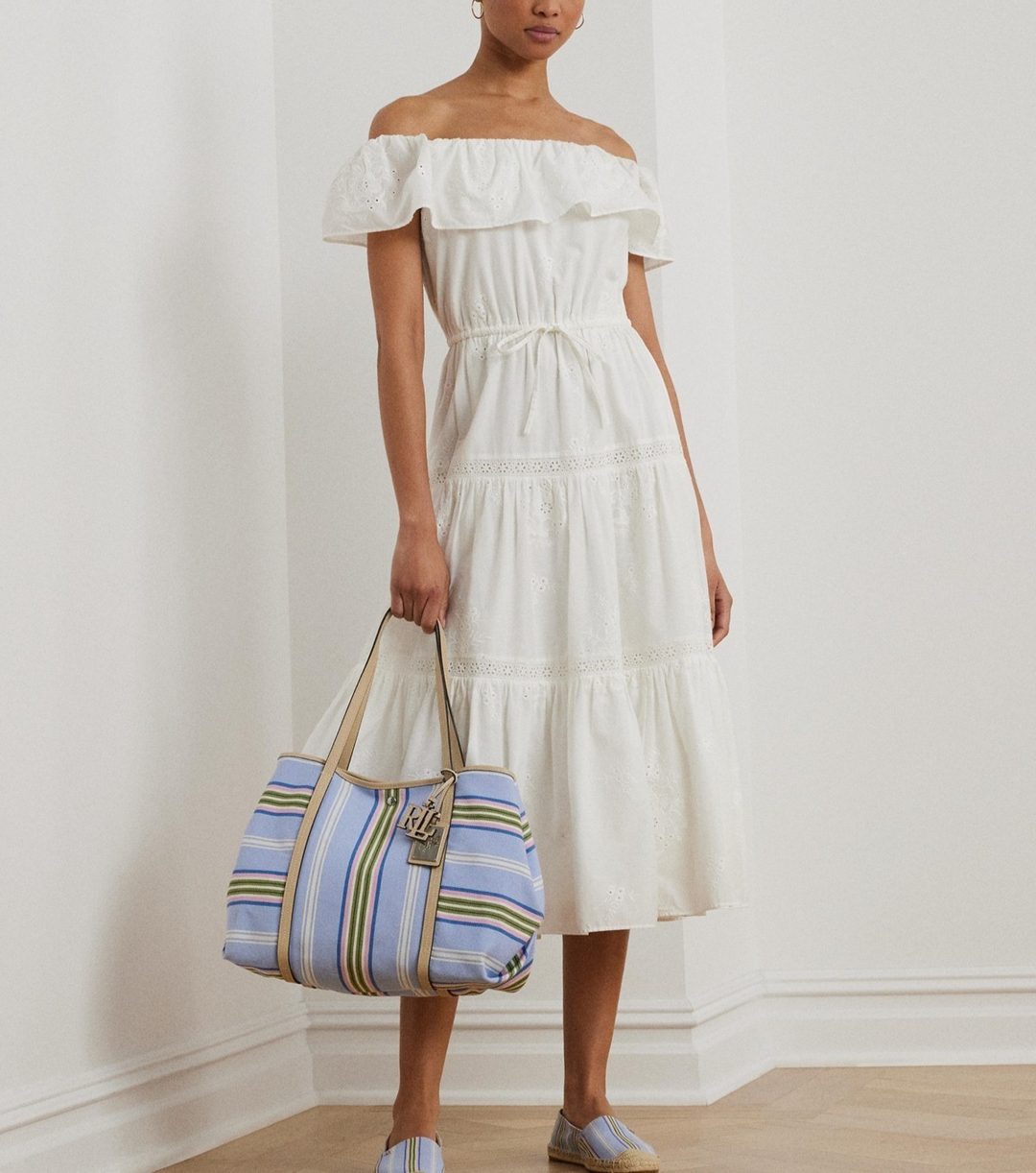 Lauren Ralph Lauren Cotton Off-the-Shoulder Tiered Dress MSRP $295