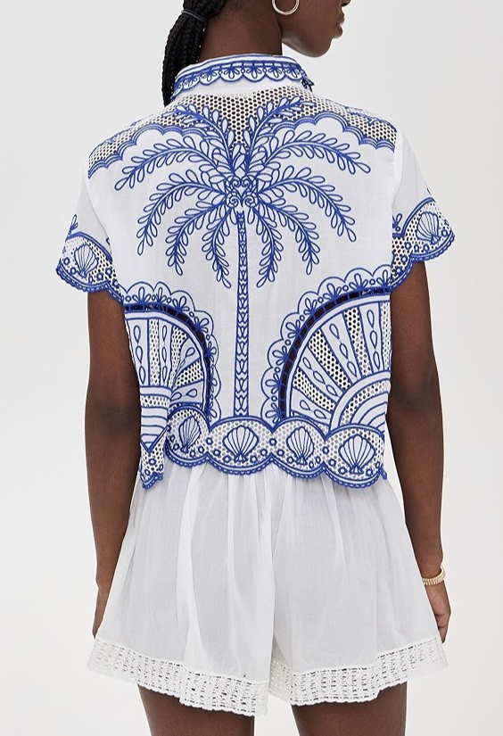 FARM Rio Blue Palm Trees Richelieu Shirt MSRP $230