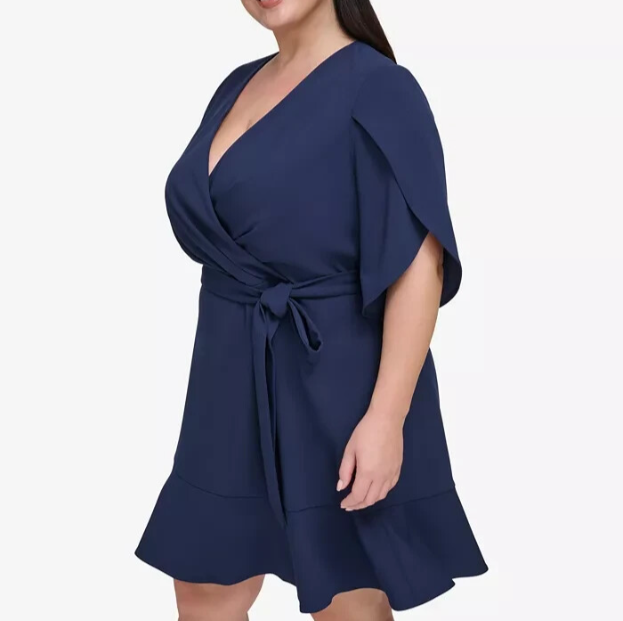 DKNY Plus Size Tulip-Sleeve Faux-Wrap Dress MSRP $99.98