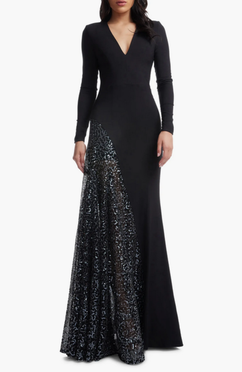 Dress the Population Winnie Sequin Panel Long Sleeve Gown MSRP $428