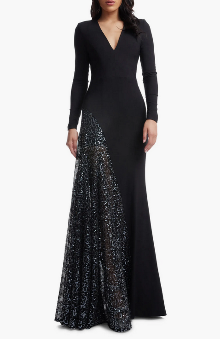 Dress the Population Winnie Sequin Panel Long Sleeve Gown MSRP $428
