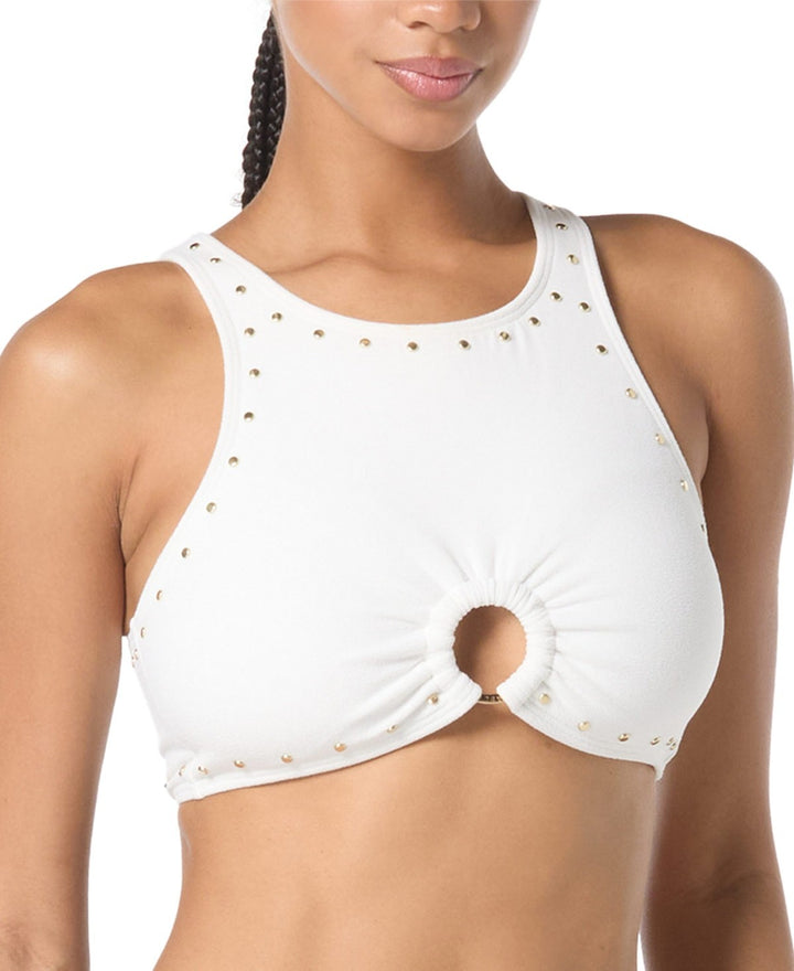 MICHAEL Michael Kors Crepe Front-Ring Studded Bikini Top MSRP $100