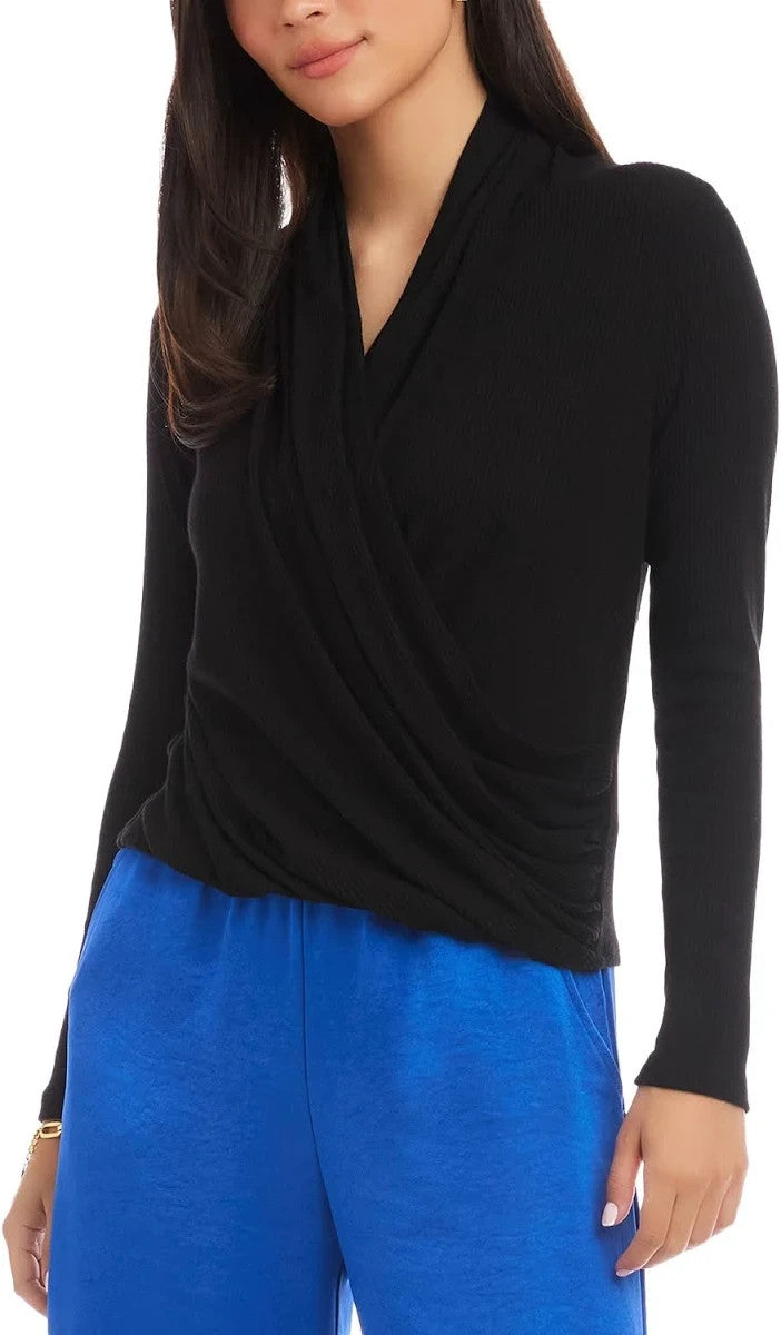Karen Kane Long Sleeve Ribbed Drape Front Crossover Top MSRP $138