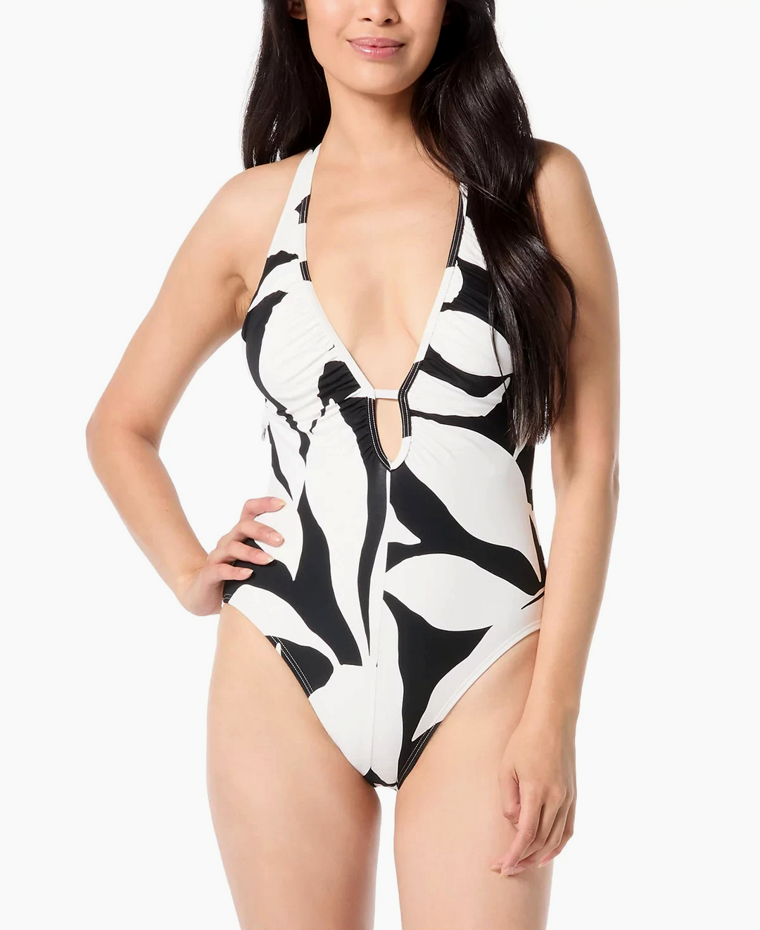 Vince Camuto Printed Plunge-Back Ruched One-Piece Swimsuit MSRP $126