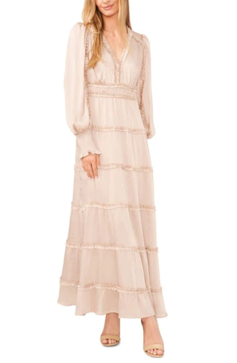 CeCe Long Sleeve Plisse Ruffle Satin Maxi Dress MSRP $149