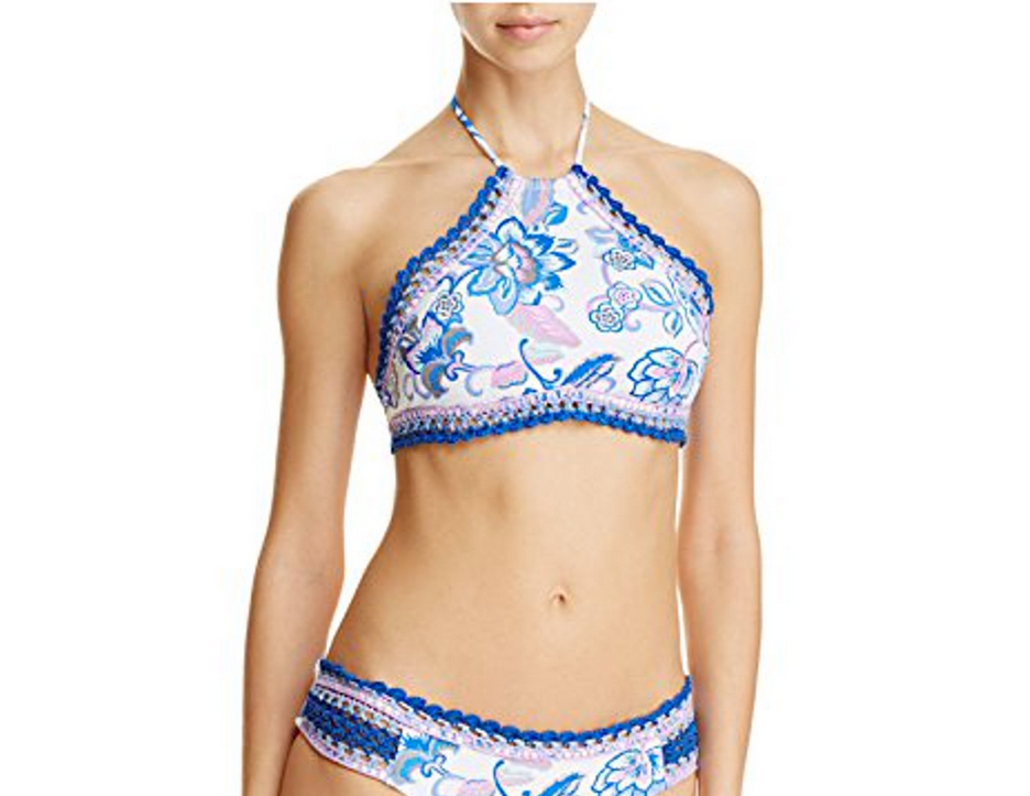 Becca Juliet High-Neck Crochet-Trim Halter Bikini Top