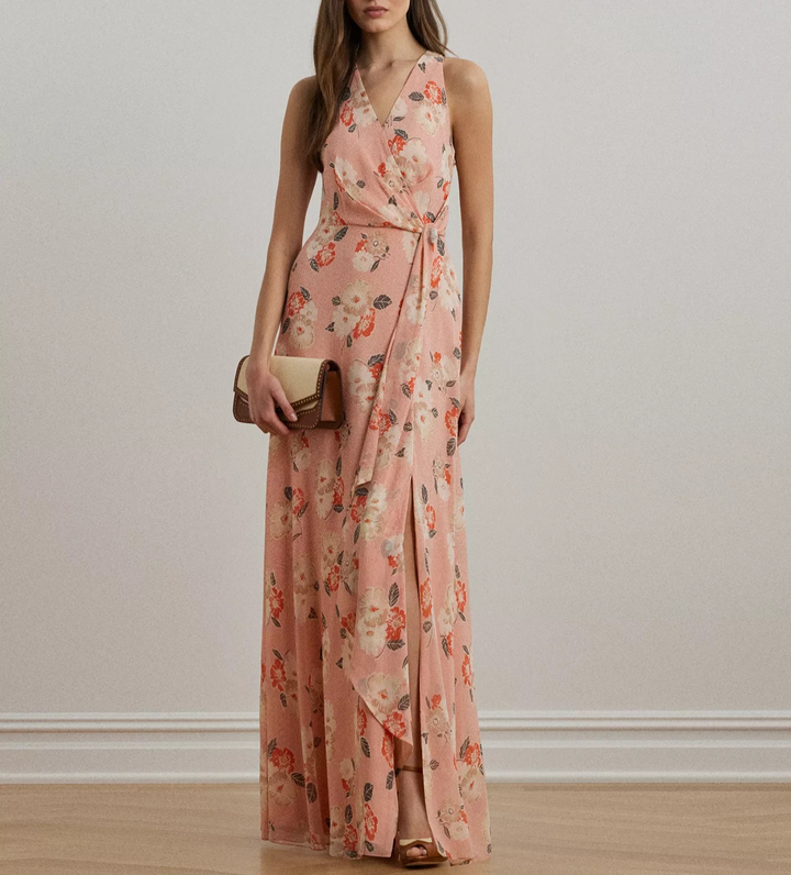 Lauren Ralph Lauren Floral Ruffle-Trim Georgette Gown MSRP $265