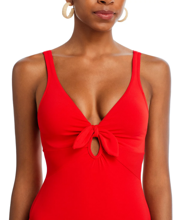 Robin Piccone Ava Plunge Neck Tie-Front One Piece Swimsuit MSRP $178