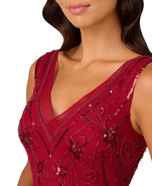 Papell Studio Beaded V-Neck Sleeveless Mesh Dress MSRP $159