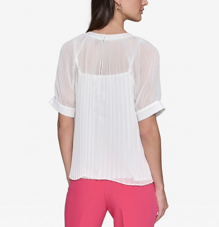KARL LAGERFELD PARIS Women's Pleated Chiffon Short-Sleeve Blouse MSRP $99