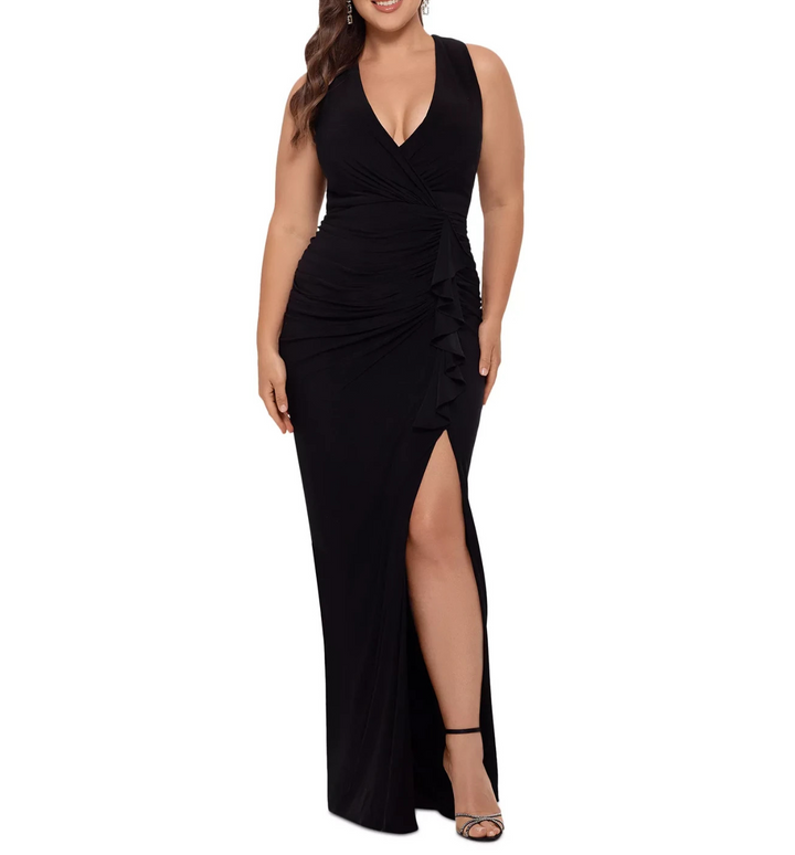 B&A By Betsy and Adam  Plunge-Neck Ruched Sleeveless Gown MSRP $159