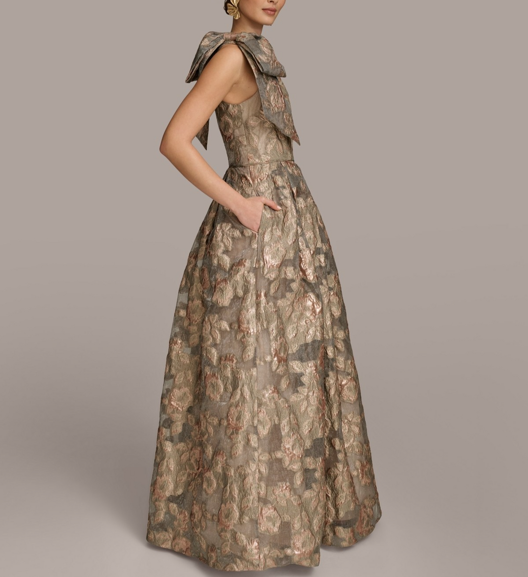 Donna Karan  Metallic Jacquard One-shoulder Bow Floral Ball Gown MSRP $359