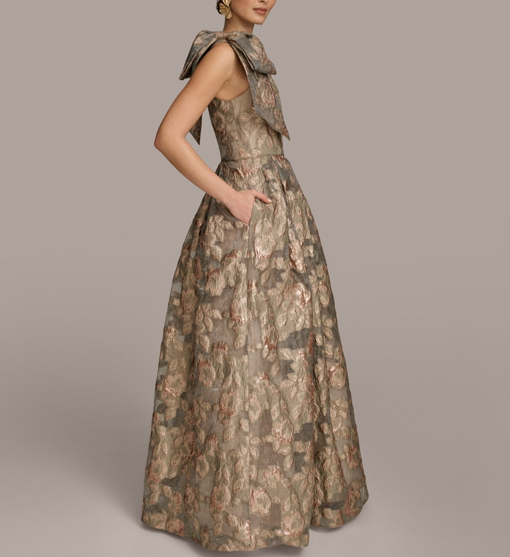 Donna Karan  Metallic Jacquard One-shoulder Bow Floral Ball Gown MSRP $359