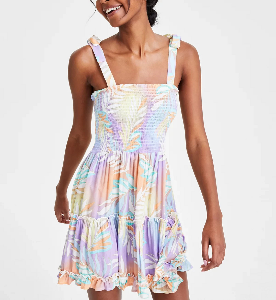 Miken Juniors Smoked Printed Ruffle-Trim Sleeveless Dress Swim Cover-Up MSRP $34