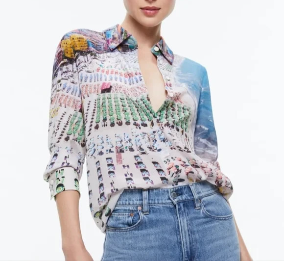 Alice + Olivia Whispering Waves Willa Placket Top MSRP $350