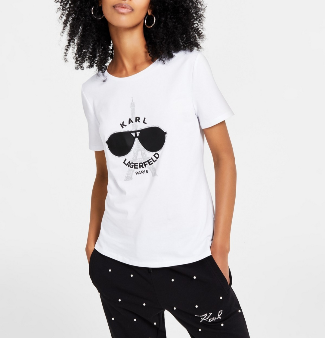 KARL LAGERFELD PARIS Women's Sunglasses Graphic T-Shirt MSRP $59