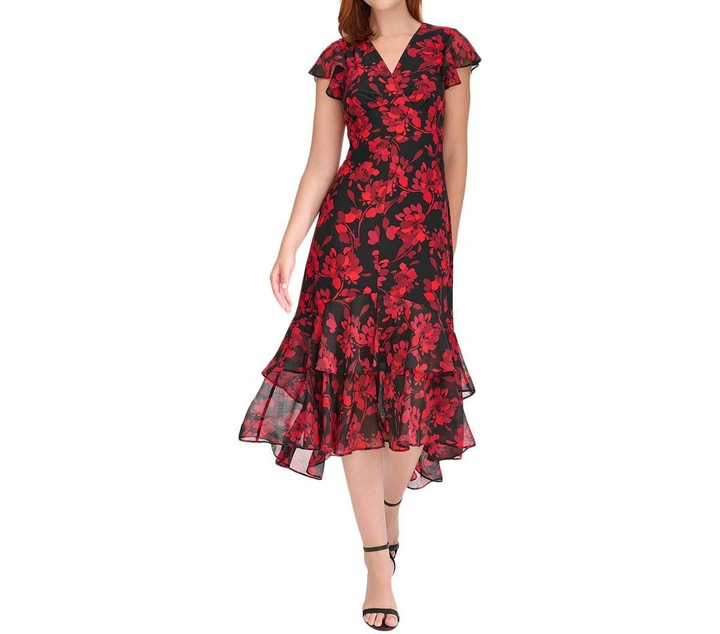Tommy Hilfiger Printed V-Neck Flutter-Sleeve Dress MSRP $119