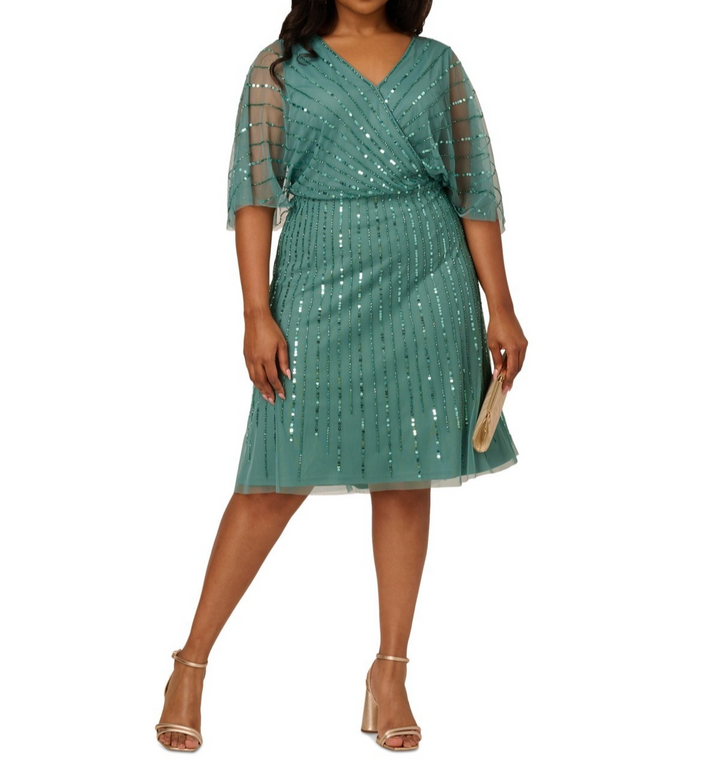 Adrianna Papell Plus Size Surplice-Neck Beaded Short Dress MSRP $169